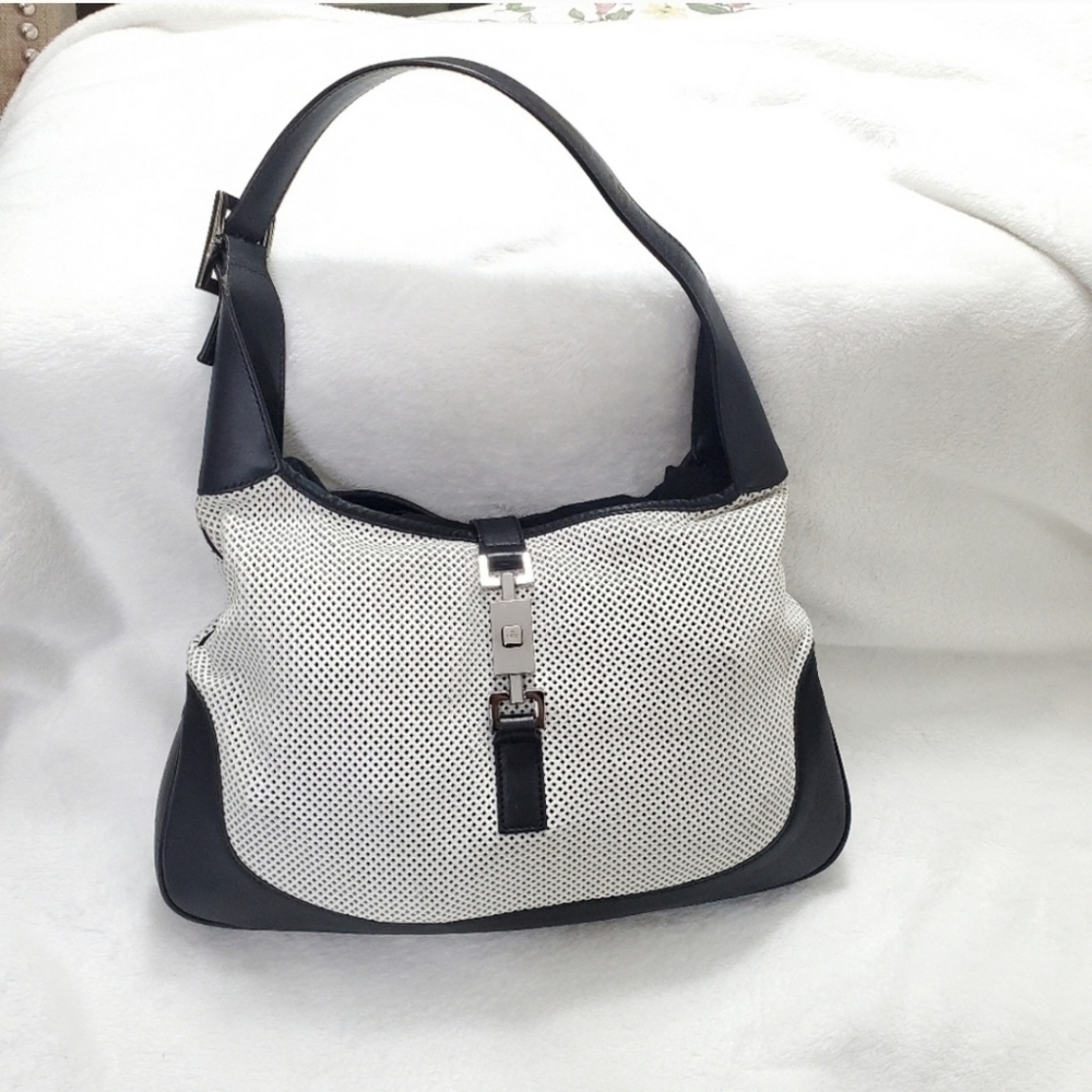 Gucci White Perforated and Black Trim Hobo Bag